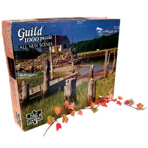 New England Dock Fishing Boats Jigsaw Puzzle Rustic Pier Scene Vintage 1000 PC